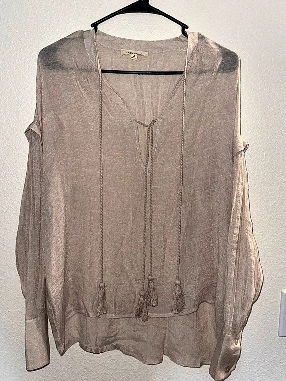 Listicle Sheer Tassel Blouse in tan Size Small